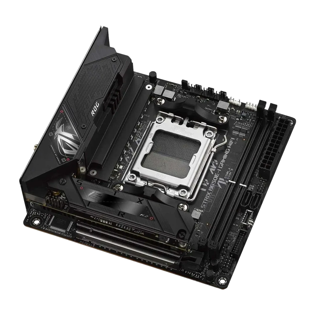 Placa-mãe mini-ITX preta com dissipadores robustos, socket AM5 exposto, Wi‑Fi com antenas externas, portas traseiras variadas e destaque ROG B650E na caixa - Item3