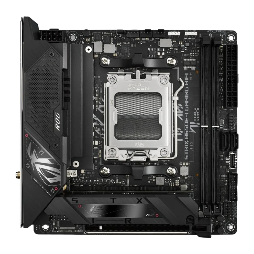 Placa-mãe mini-ITX preta com dissipadores robustos, socket AM5 exposto, Wi‑Fi com antenas externas, portas traseiras variadas e destaque ROG B650E na caixa - Item2
