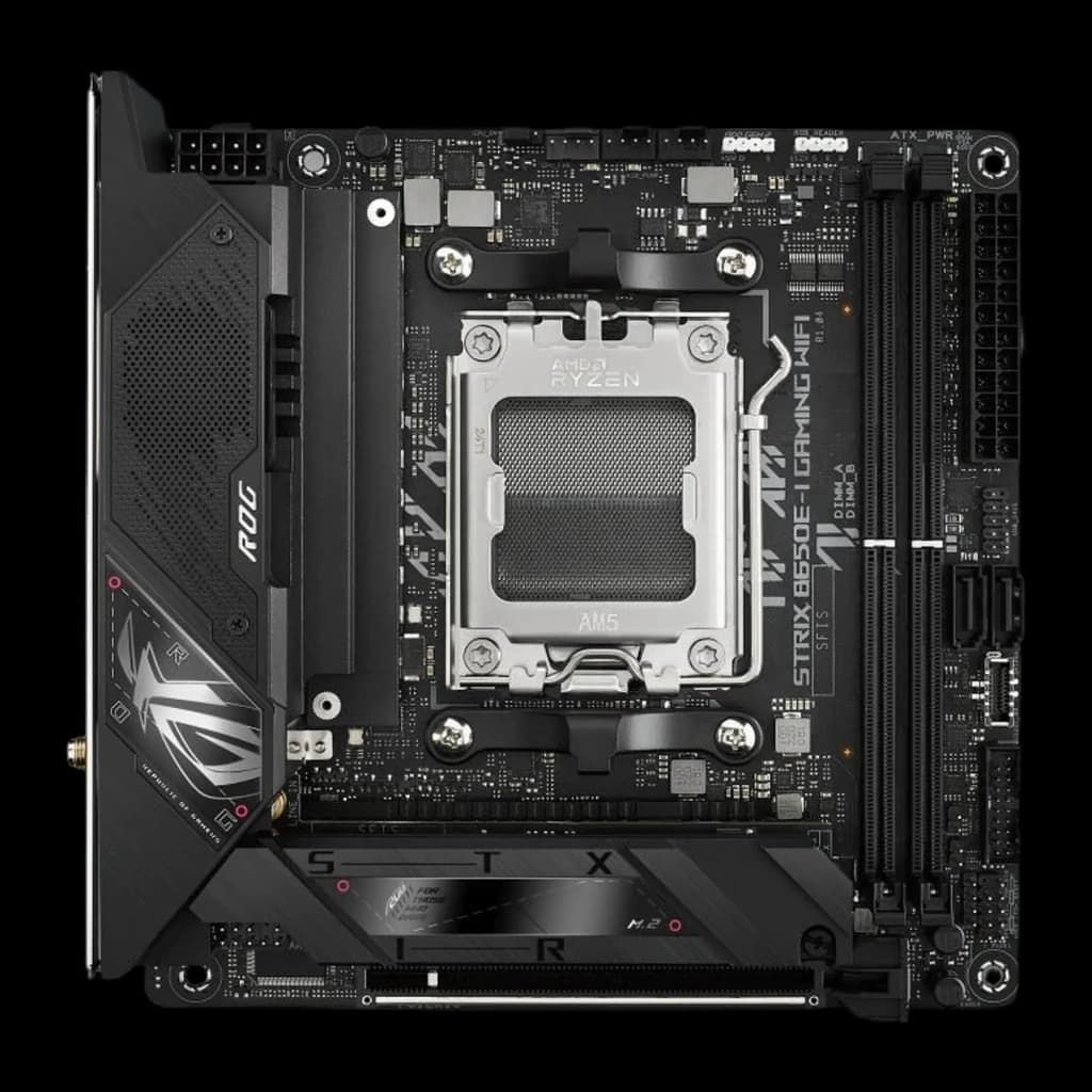 Placa-mãe mini-ITX preta com soquete AM5 central, dissipadores robustos, logo ROG iluminado, dois slots DDR5 e portas M.2 com cobertura metálica