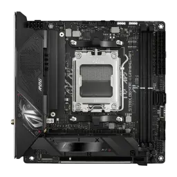 Placa-mãe mini-ITX preta com soquete AM5 central, dissipadores robustos, logo ROG iluminado, dois slots DDR5 e portas M.2 com cobertura metálica