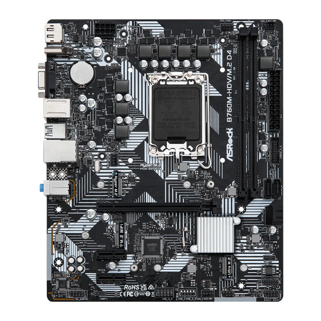 Placa-mãe ASRock B760M-HDV/M.2 D4 Micro ATX preta com soquete LGA 1700, slots DDR4, M.2, PCIe e portas HDMI/USB; embalagem ao lado do produto - Item1