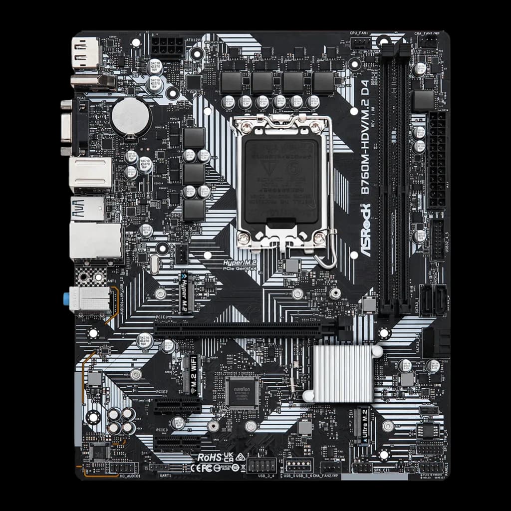 Carte mère Micro ATX noire ASRock B760M-HDV/M.2 D4 avec socket LGA 1700, 2 slots DDR4, port M.2, VRM dissipé, ports arrière HDMI DP USB et PCIe x16