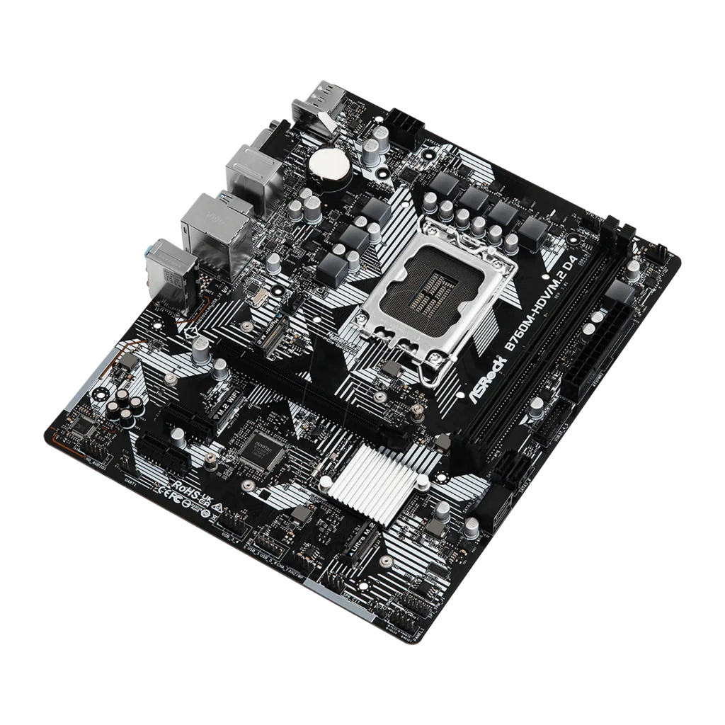Placa-mãe ASRock B760M-HDV/M.2 D4 Micro ATX preta com soquete LGA 1700, slots DDR4, M.2, PCIe e portas HDMI/USB; embalagem ao lado do produto - Item2
