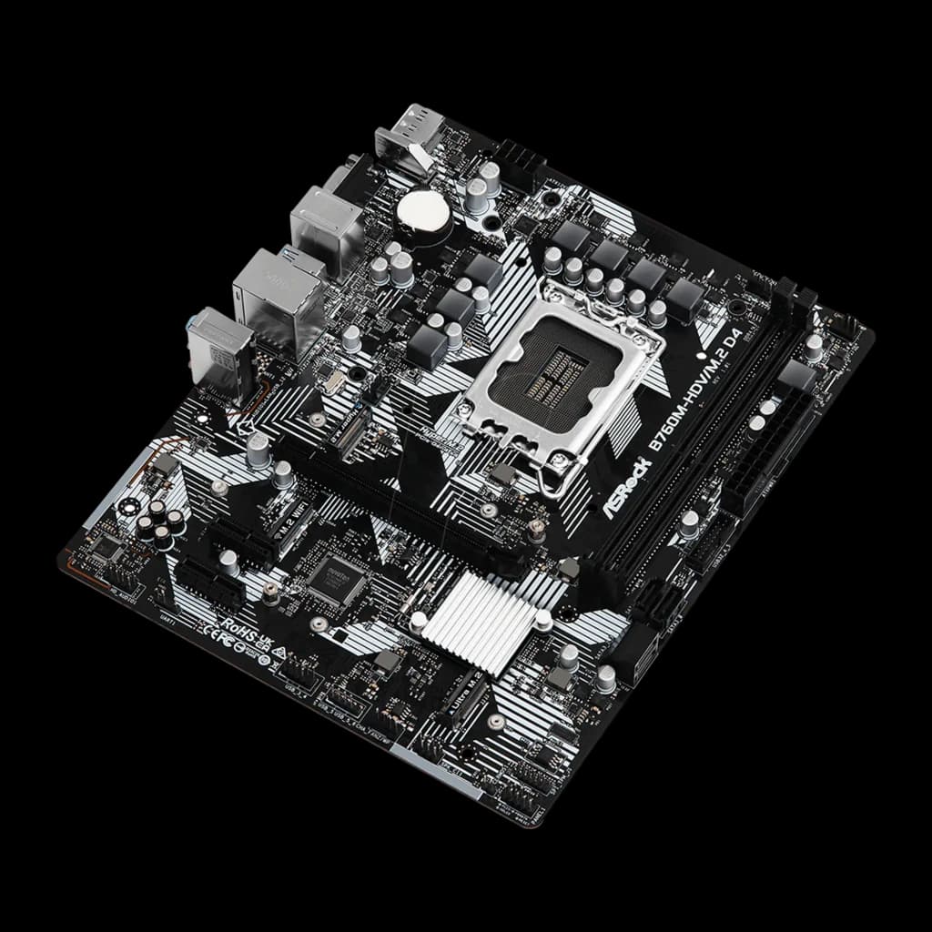 Carte mère Micro ATX noire avec socket LGA 1700, deux slots DDR4, ports M.2 et dissipateurs argentés, PCB motif lignes blanches, connectique arrière