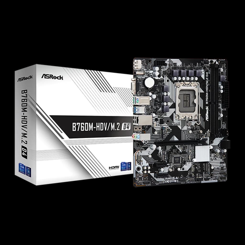 Carte mère Micro ATX noire ASRock B760M-HDV/M.2 D4 avec socket LGA 1700, slots DDR4, M.2 NVMe, USB et HDMI, présentée avec sa boîte blanche