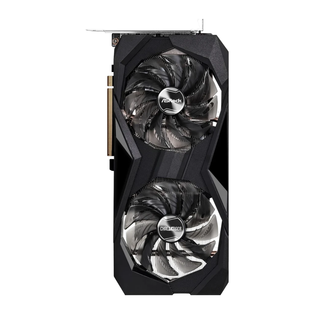 Placa gráfica ASRock Challenger Radeon RX 7600 8GB GDDR6 com design preto, duas ventoinhas grandes, backplate metálico e caixa destacando OC e 8GB - Item2