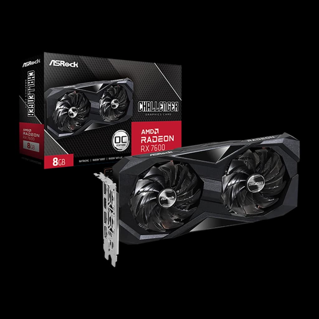 Carte graphique ASRock Challenger Radeon RX 7600 8 Go GDDR6 avec double ventilateur noir, carénage anguleux, plaque arrière métallique et sorties HDMI