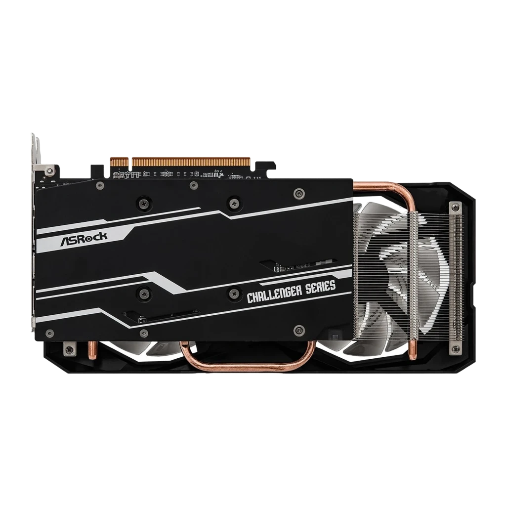 Placa gráfica ASRock Challenger Radeon RX 7600 8GB GDDR6 com design preto, duas ventoinhas grandes, backplate metálico e caixa destacando OC e 8GB - Item3