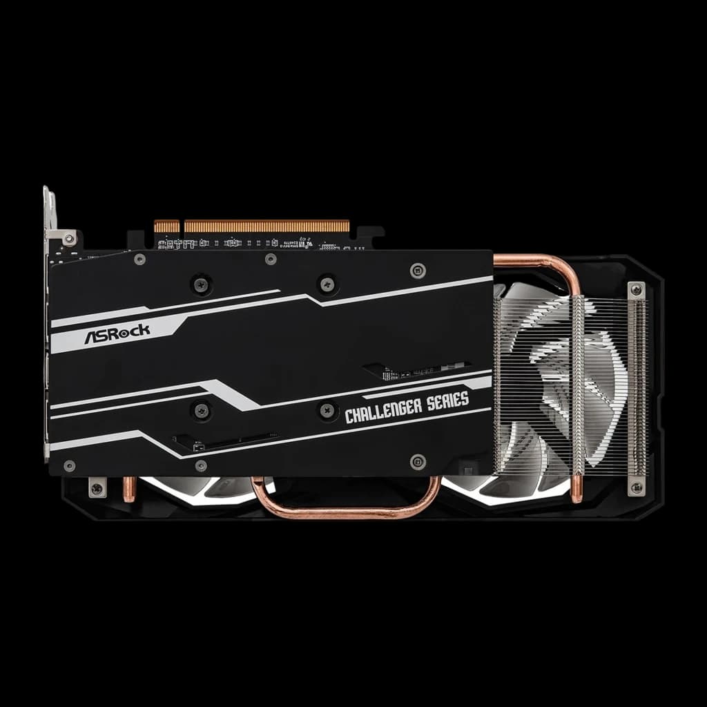 Carte graphique ASRock Challenger Radeon RX 7600 8 Go GDDR6, design noir avec accents blancs, triple ventilateur, caloducs cuivre visibles, plaque arrière