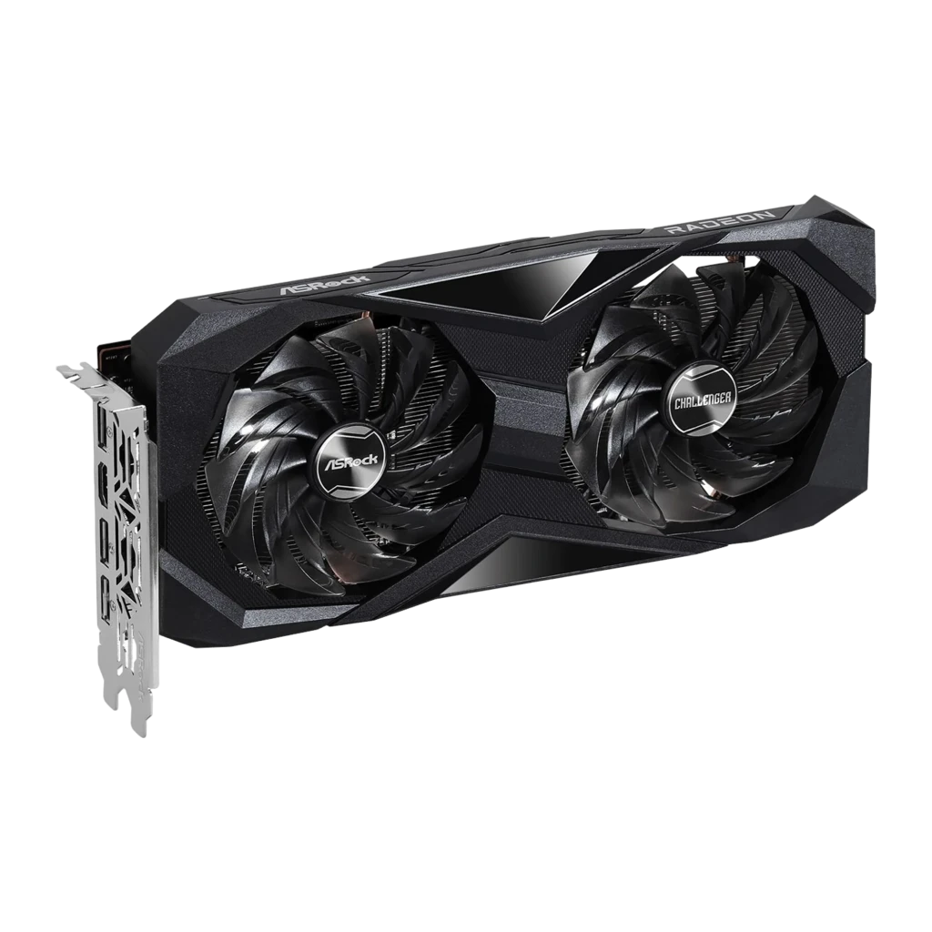 Placa gráfica ASRock Challenger Radeon RX 7600 8GB GDDR6 com design preto, duas ventoinhas grandes, backplate metálico e caixa destacando OC e 8GB - Item1
