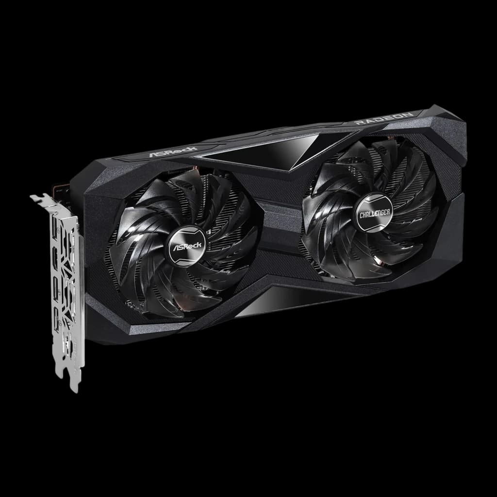 Carte graphique ASRock Challenger Radeon RX 7600 8 Go GDDR6 avec double ventilateur noir, carénage anguleux, backplate métallique et design compact performant