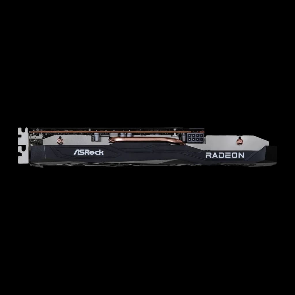 Carte graphique ASRock Challenger Radeon RX 7600 8 Go GDDR6, profil fin, carénage noir, caloducs cuivre apparents, connecteur d’alimentation 8 broches