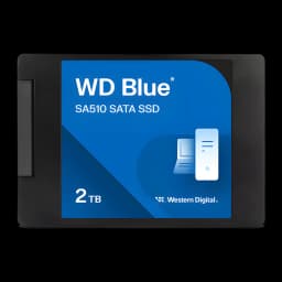 SSD Western Digital Blue SA510 2TB, formato 2,5 pol, interface SATA III, etiqueta azul WD Blue, corpo preto retangular com conector lateral
