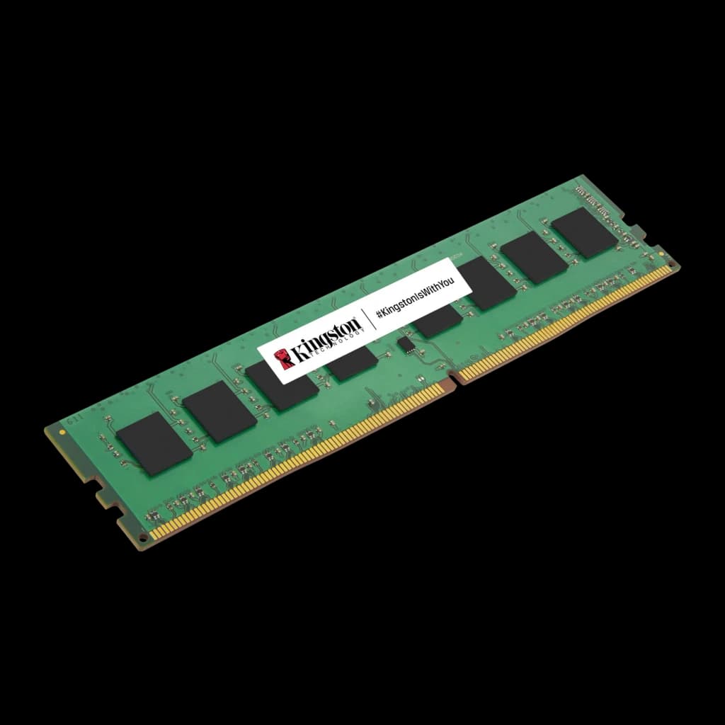 Barrette RAM verte Kingston ValueRAM DDR4 8 Go 3200 MHz, format DIMM longue, puces noires alignées, contacts dorés visibles, étiquette Kingston centrale