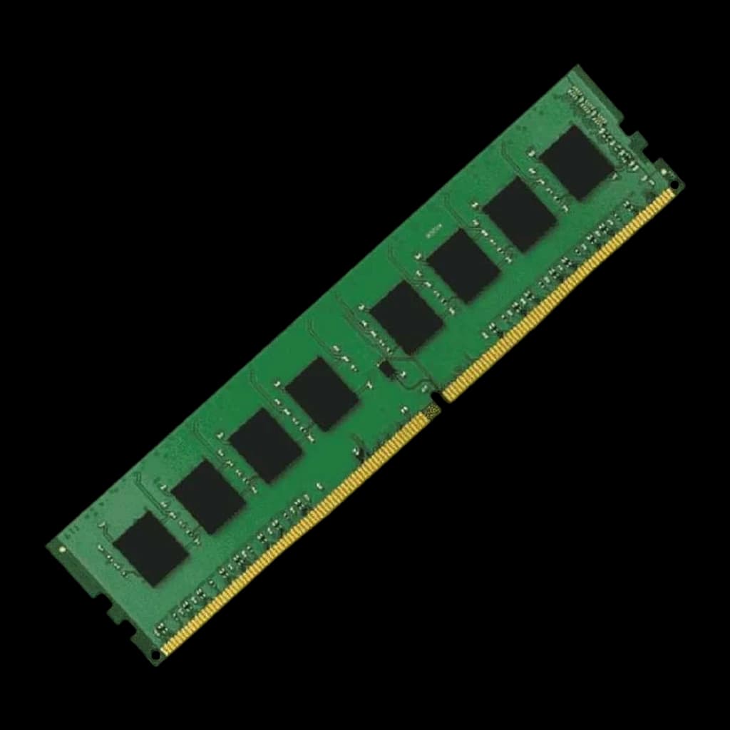 Barrette RAM verte Kingston ValueRAM DDR4 8 Go 3200 MHz, format DIMM, puces noires alignées, contacts dorés, PCB simple face