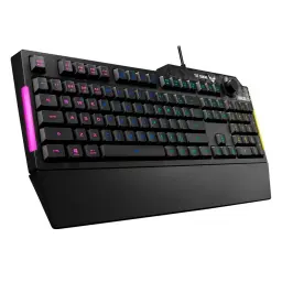Clavier de jeu ASUS TUF K1 RGB noir, rétroéclairage multicolore, barres lumineuses latérales, molette volume, repose-poignets, disposition EN/ES, USB
