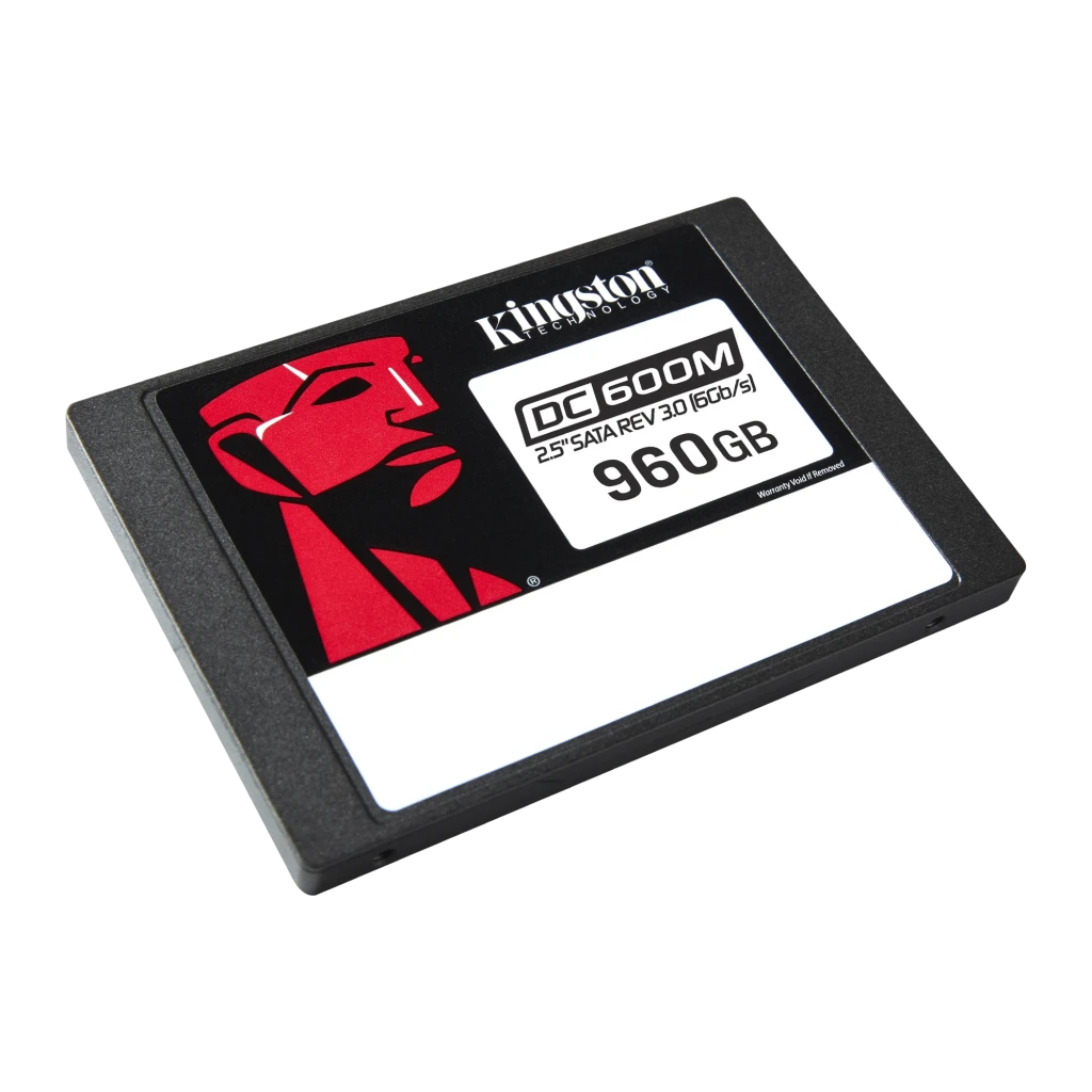 SSD Kingston Technology DC600M 960Go, boîtier 2,5 pouces noir, étiquette blanche avec logo rouge Kingston, interface SATA III 6 Gb s, format compact - Ítem1