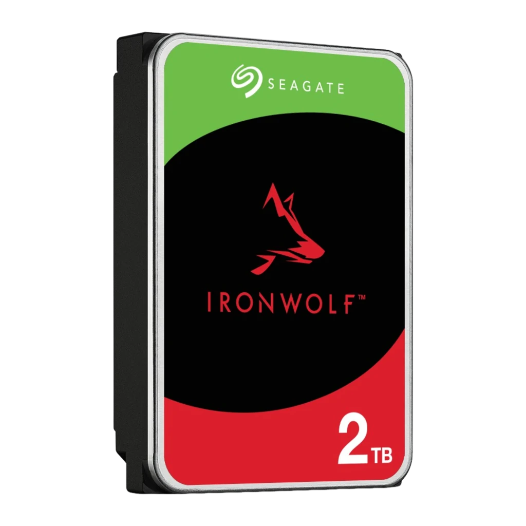 Etiqueta frontal do HD Seagate IronWolf com logo de lobo em vermelho, áreas verde e vermelha, indicação 2 TB e formato 3,5 polegadas - Item2
