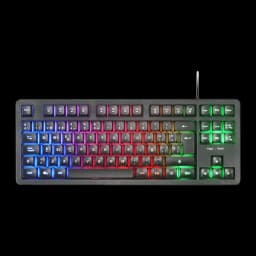 Teclado TKL Mars Gaming MK023 com iluminação FRGB, teclas elevadas e layout compacto; switches H-Mech Red e setas destacadas com RGB vibrante