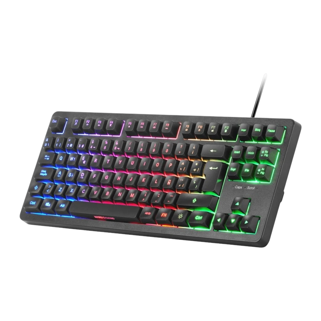 Teclado TKL Mars Gaming MK023 com iluminação FRGB, teclas elevadas e layout compacto; switches H-Mech Red e setas destacadas com RGB vibrante - Item1