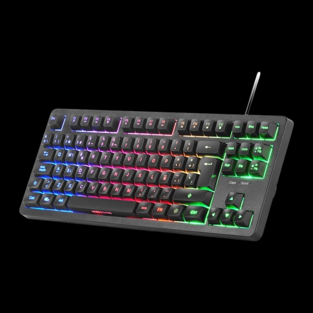 Teclado TKL preto com iluminação FRGB arco-íris, layout compacto, teclas elevadas e cabo com fio. Ideal para gaming com switches H-Mech Red RGB.