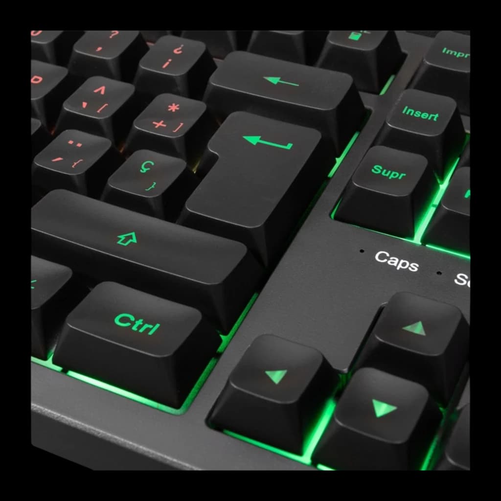 Teclado TKL com iluminação RGB FRGB verde, teclas altas H-Mech Red, setas destacadas e tecla Ctrl grande; acabamento fosco e legendas nítidas