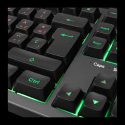 Teclado TKL com iluminação RGB FRGB verde, teclas altas H-Mech Red, setas destacadas e tecla Ctrl grande; acabamento fosco e legendas nítidas