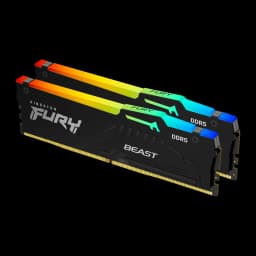 Módulos RAM Kingston FURY Beast RGB DDR5 negros con difusor de luz multicolor en la parte superior y disipador con logotipos FURY y BEAST, set 2x16GB 5200MHz