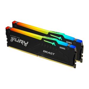 Módulos RAM Kingston FURY Beast RGB DDR5 negros con difusor de luz multicolor en la parte superior y disipador con logotipos FURY y BEAST, set 2x16GB 5200MHz