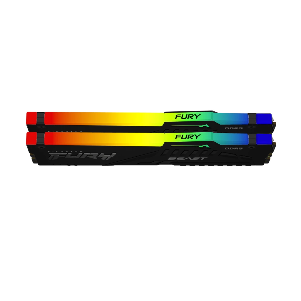 Módulos RAM Kingston FURY Beast RGB DDR5 negros con difusor de luz multicolor en la parte superior y disipador con logotipos FURY y BEAST, set 2x16GB 5200MHz - Ítem4