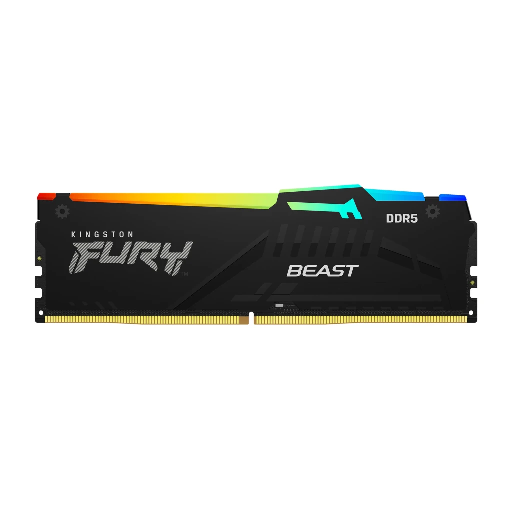 Módulos RAM Kingston FURY Beast RGB DDR5 negros con difusor de luz multicolor en la parte superior y disipador con logotipos FURY y BEAST, set 2x16GB 5200MHz - Ítem1