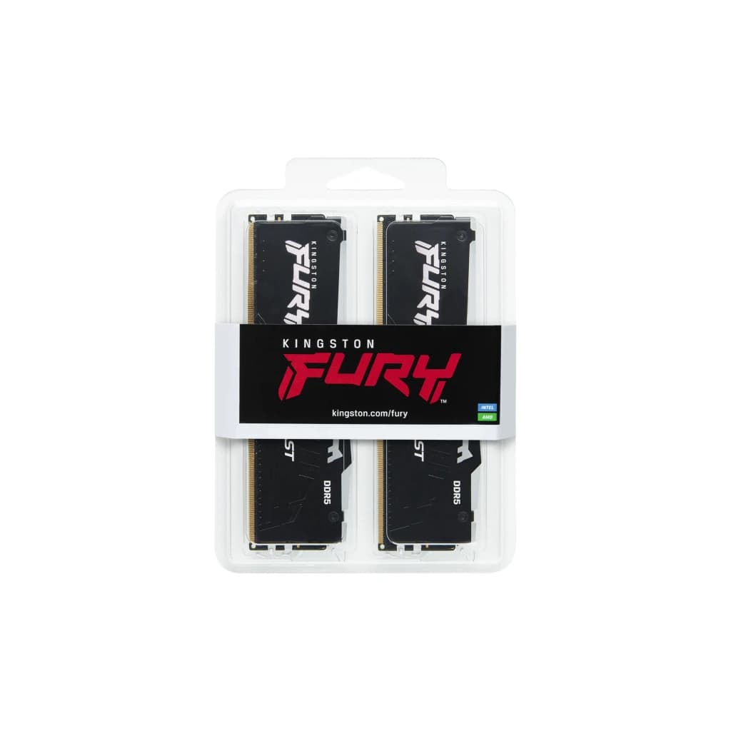 Módulo de memoria Kingston FURY Beast RGB DDR5 32GB 2x16GB 5200MHz en blister doble, disipadores negros con detalle dorado y logotipos FURY visibles