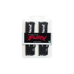 Módulo de memoria Kingston FURY Beast RGB DDR5 32GB 2x16GB 5200MHz en blister doble, disipadores negros con detalle dorado y logotipos FURY visibles
