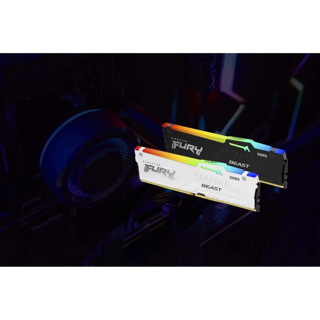 Módulos RAM Kingston FURY Beast RGB DDR5 negros con difusor de luz multicolor en la parte superior y disipador con logotipos FURY y BEAST, set 2x16GB 5200MHz - Ítem7