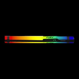 Módulo de memoria DDR5 con disipador negro y barra RGB de colores degradados, perfil delgado y logo FURY visible, estilo gaming moderno y elegante