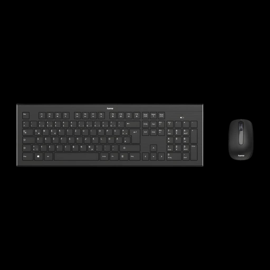 Conjunto Hama Cortino sem fios: teclado espanhol preto de tamanho completo com teclas baixas e numérico, rato óptico preto compacto com scroll central