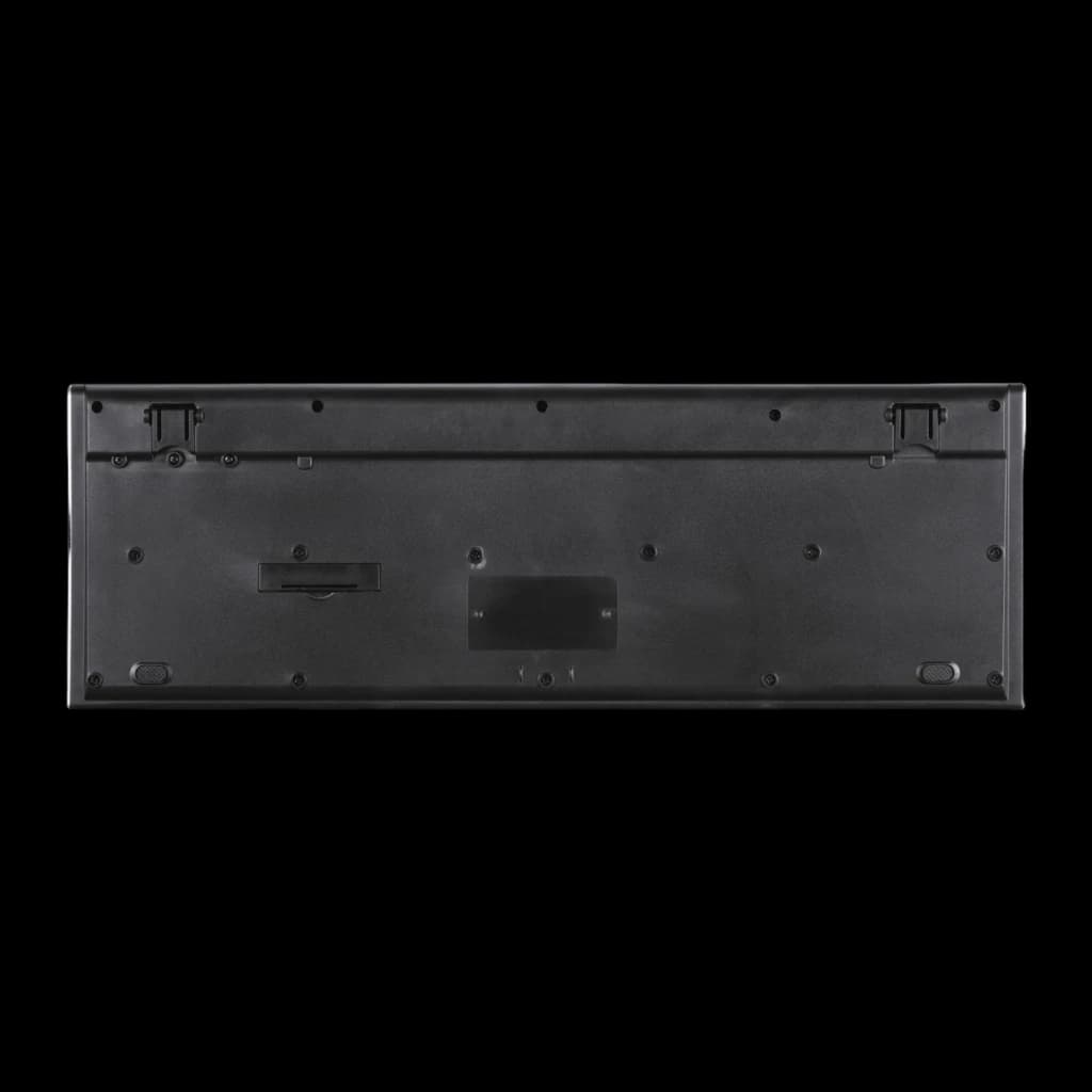 Parte traseira do teclado Hama Cortino sem fios: base preta, apoios rebatíveis, compartimento de pilhas e pés antiderrapantes, layout Espanhol RF 2.4GHz