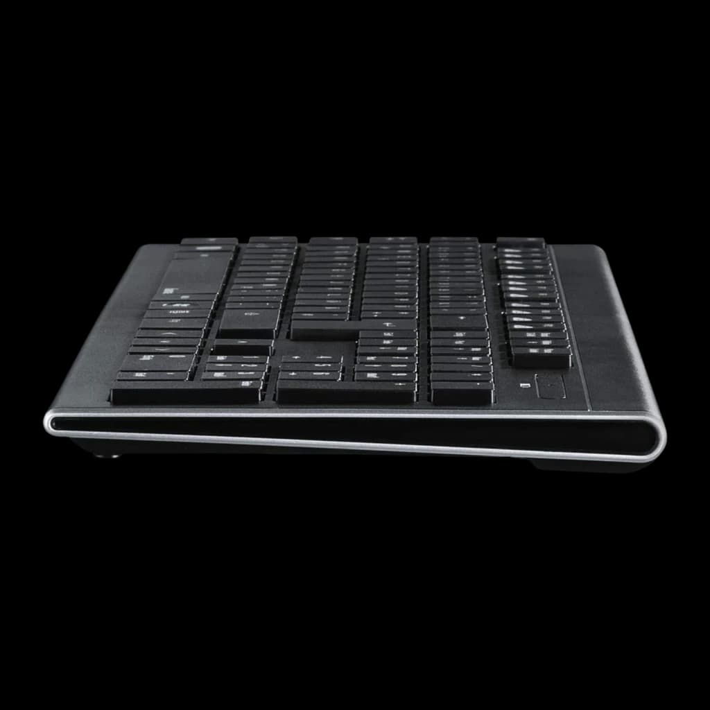 Teclado Hama Cortino sem fios em perfil lateral ultrafino, teclas pretas de baixo relevo e moldura prateada elegante, design compacto e moderno