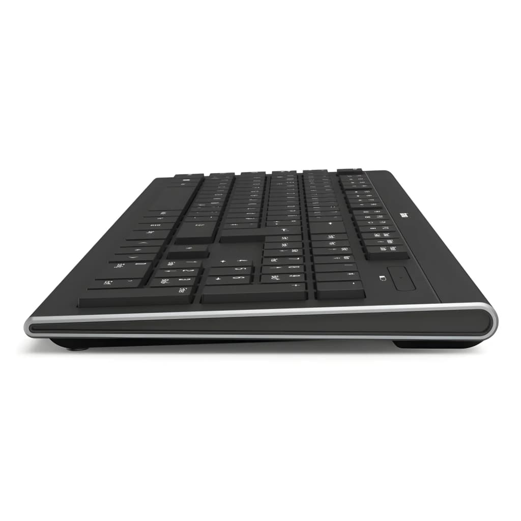 Teclado sem fios preto Hama Cortino com layout espanhol, perfil baixo, teclas chiclete e moldura prateada lateral, design fino e elegante