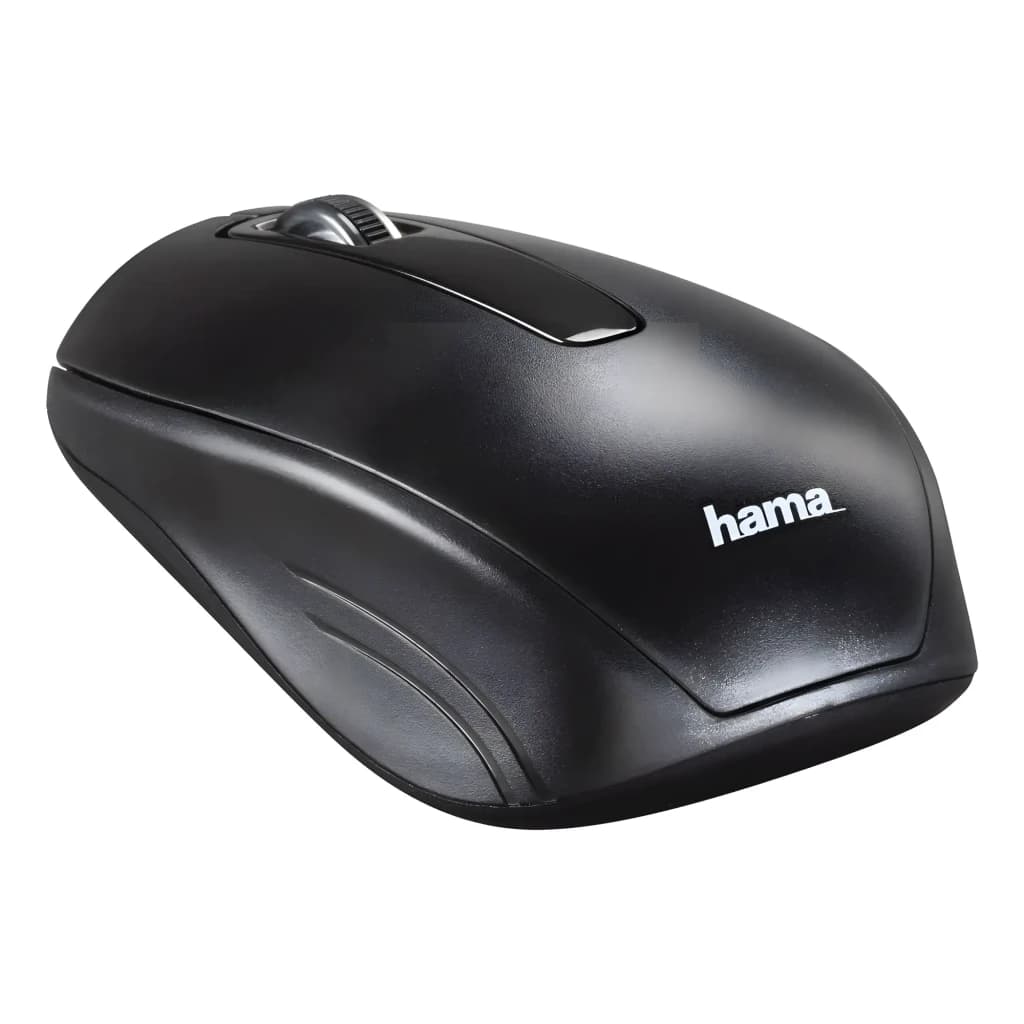 Rato sem fios Hama Cortino preto, ergonómico, design compacto com roda de scroll e botão central, acabamento mate e logótipo Hama em branco