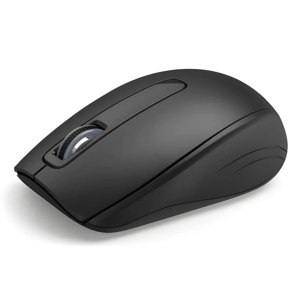 Rato sem fios Hama Cortino preto, design ergonómico simétrico, scroll central e laterais suaves. Acabamento fosco e formato compacto para uso diário.