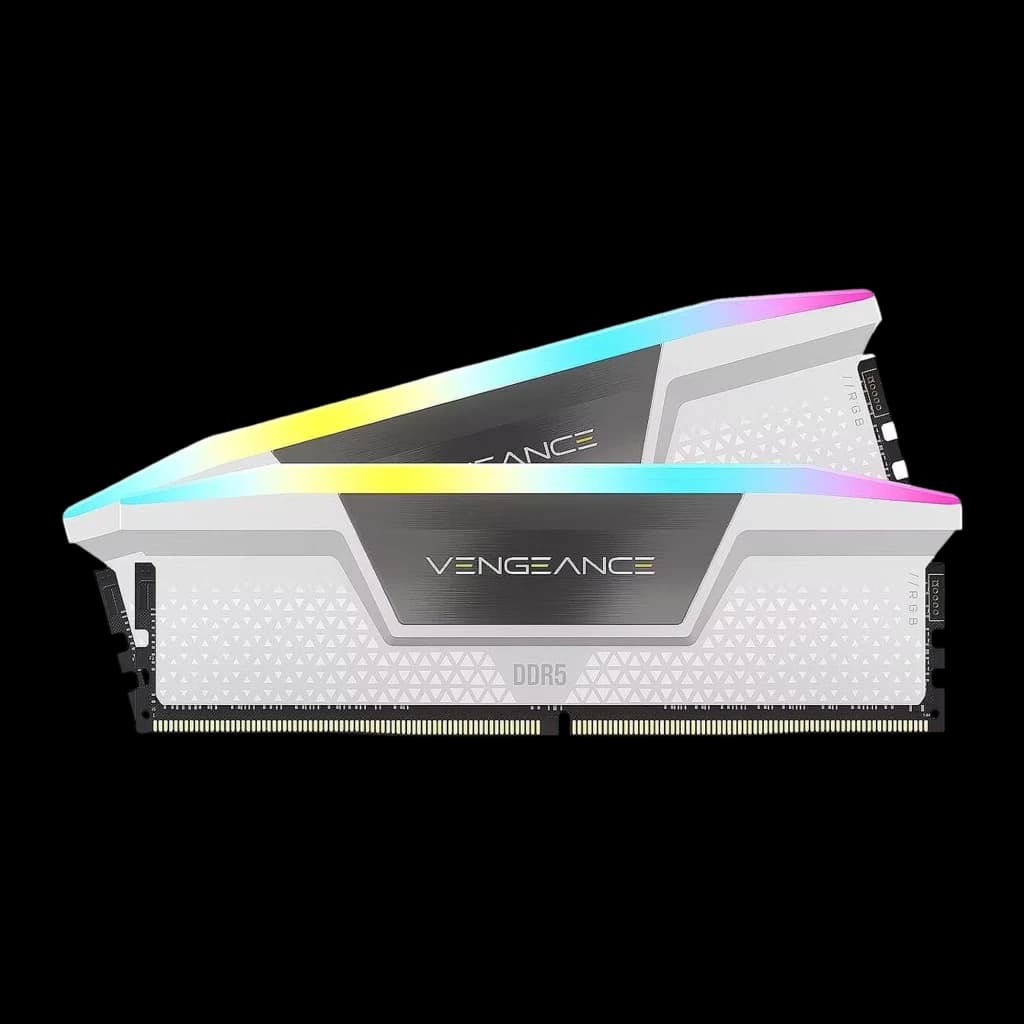 Módulo DDR5 Corsair Vengeance RGB blanco con difusor de luz multicolor, disipador metálico gris y diseño geométrico; kit de 2 DIMM de alto rendimiento
