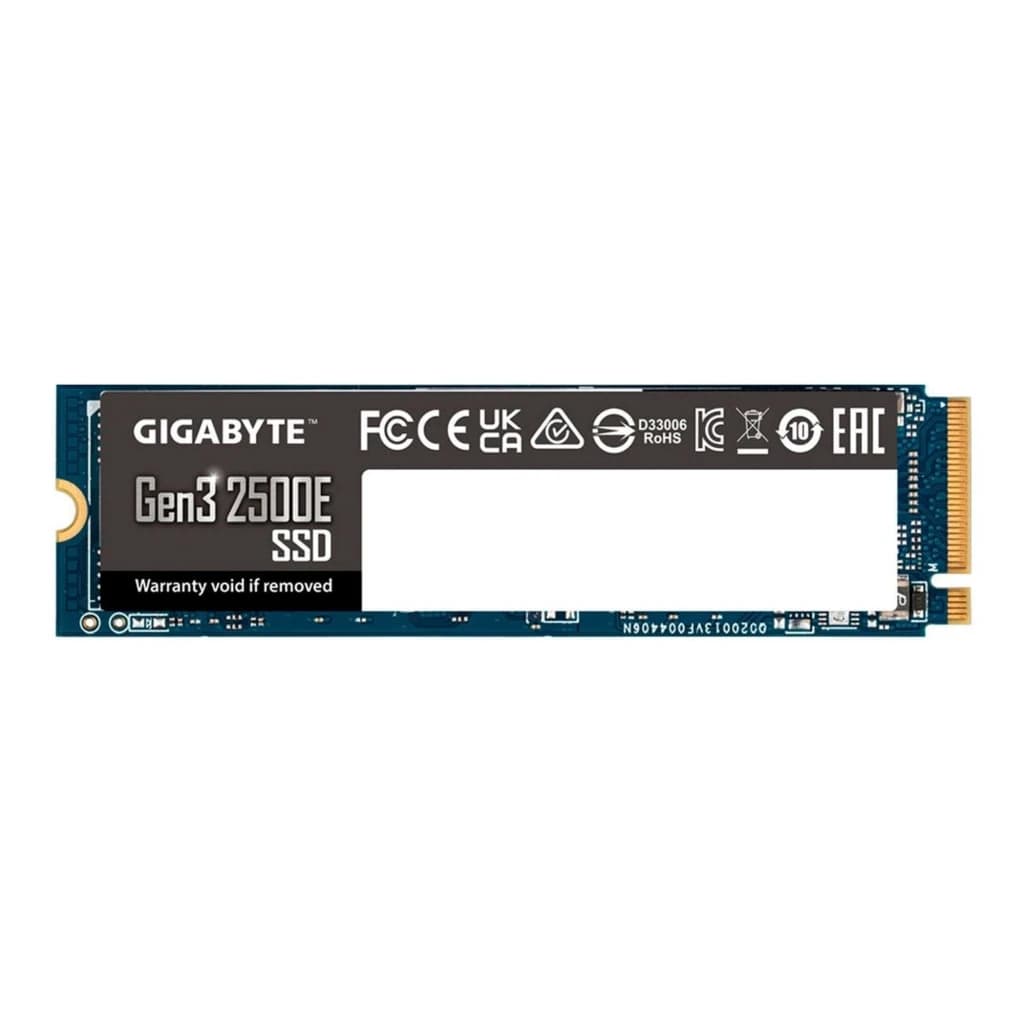 SSD Gigabyte Gen3 2500E 1TB NVMe PCIe 3.0 M.2 em PCB azul, etiqueta preta com logos e especificações, conector M.2 dourado exposto e formato 2280 compacto