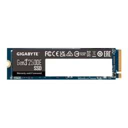 SSD Gigabyte Gen3 2500E 1TB NVMe PCIe 3.0 M.2 em PCB azul, etiqueta preta com logos e especificações, conector M.2 dourado exposto e formato 2280 compacto