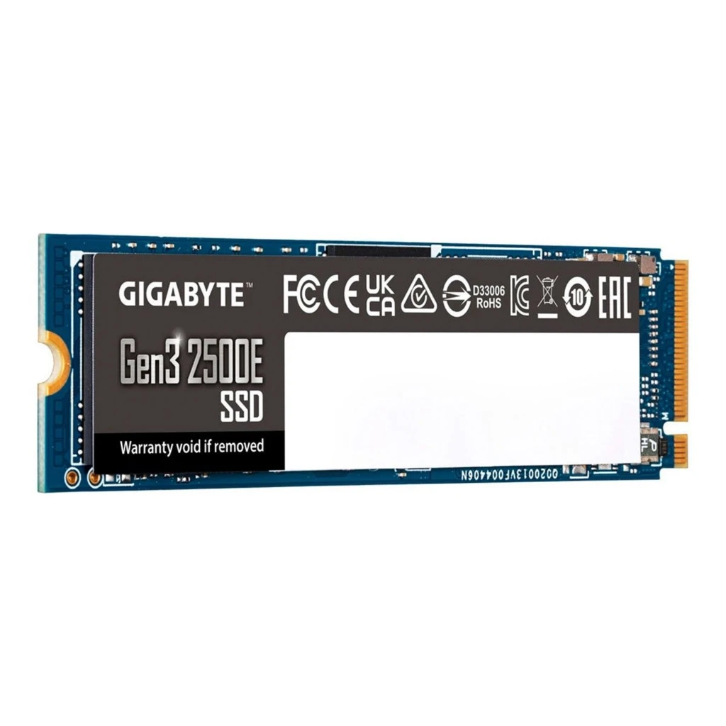 SSD Gigabyte Gen3 2500E 1TB NVMe PCIe 3.0 M.2 em PCB azul, etiqueta preta com logos e especificações, conector M.2 dourado exposto e formato 2280 compacto - Item1