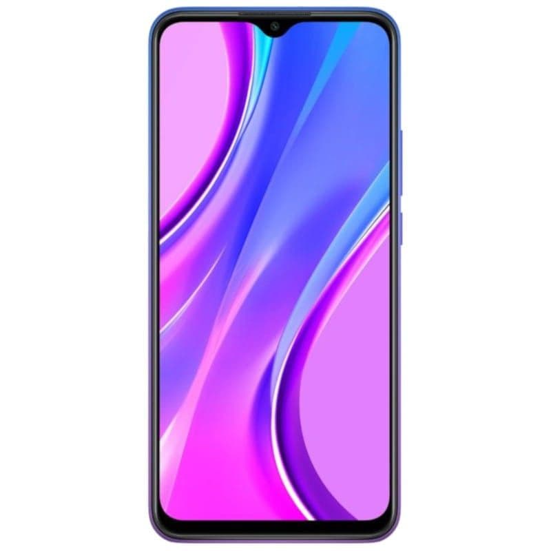 Xiaomi Redmi 9 4GB/64GB Cinzento Oficial Refurbished com ecrã grande bezel fino e notch em gota cores vibrantes em gradiente roxo e azul na frente