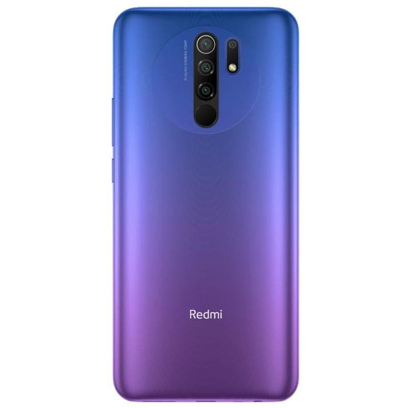 Xiaomi Redmi 9 4GB/64GB cinzento refurbished com traseira em degradê azul roxo, módulo de quatro câmaras centrado e leitor de impressão digital abaixo das