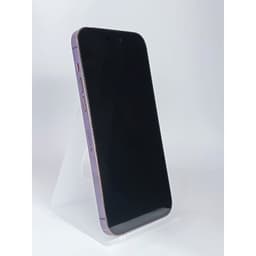 iPhone 14 Pro 256GB morado oscuro renovado, estado excelente; pantalla OLED sin marcos visibles, bordes planos metálicos y botón lateral rojo.