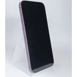 iPhone 14 Pro 256GB morado oscuro renovado en estado excelente, pantalla sin marcas, bordes limpios, botones laterales visibles, en soporte blanco
