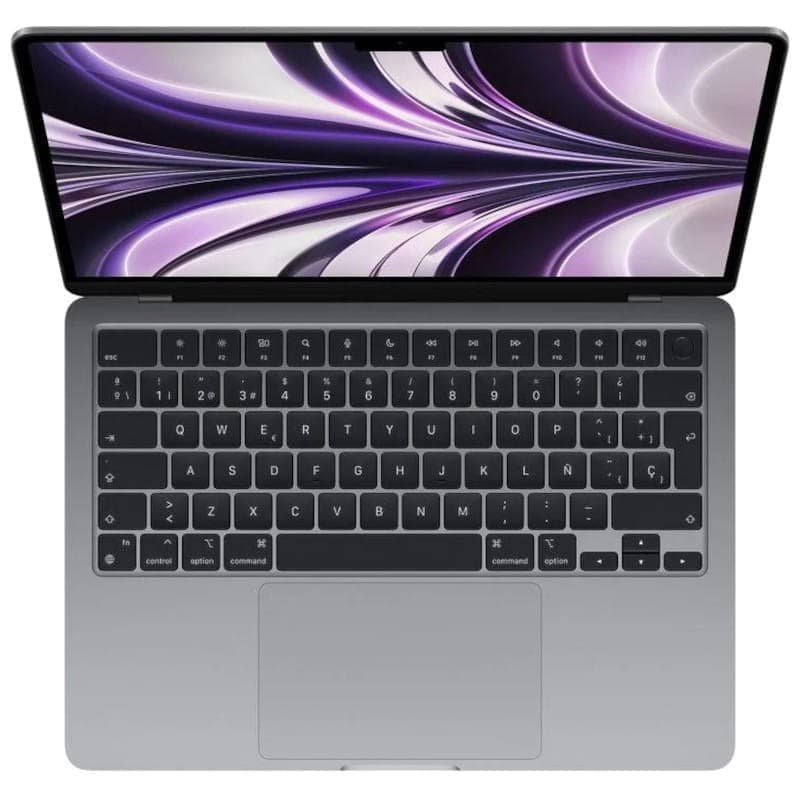 MacBook Air M2 2022 cinza‑espacial visto de cima, tela Retina com molduras finas, notch central, teclado preto com layout completo e trackpad amplo